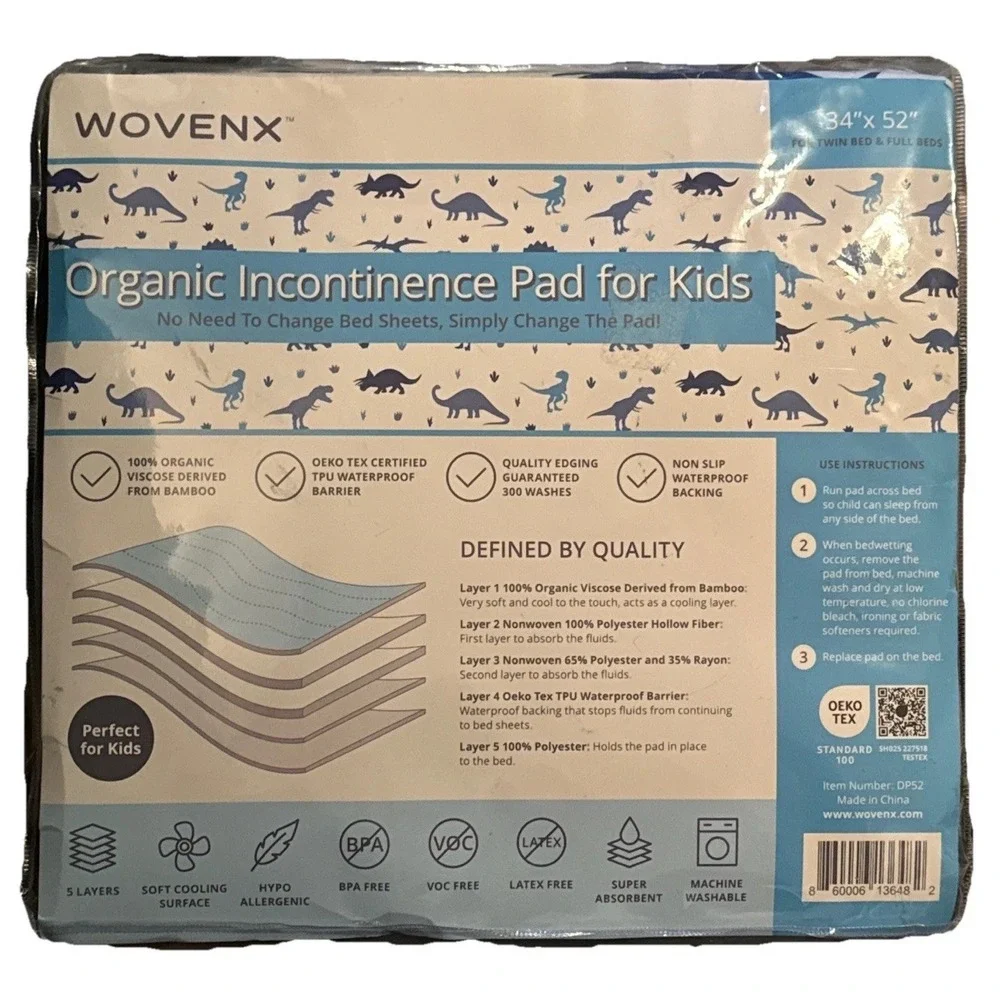 Wovenx Organic Incontience Pad For Kids Dinosaurs Waterproof Backing 34 X 52
